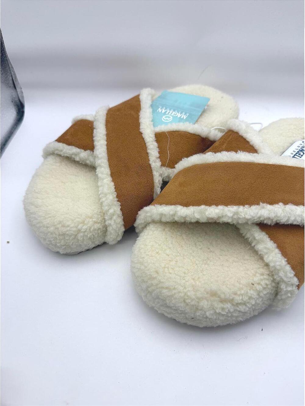 Magellan Women's 6 Cozy Sherpa Slide Slippers in Brown and Cream